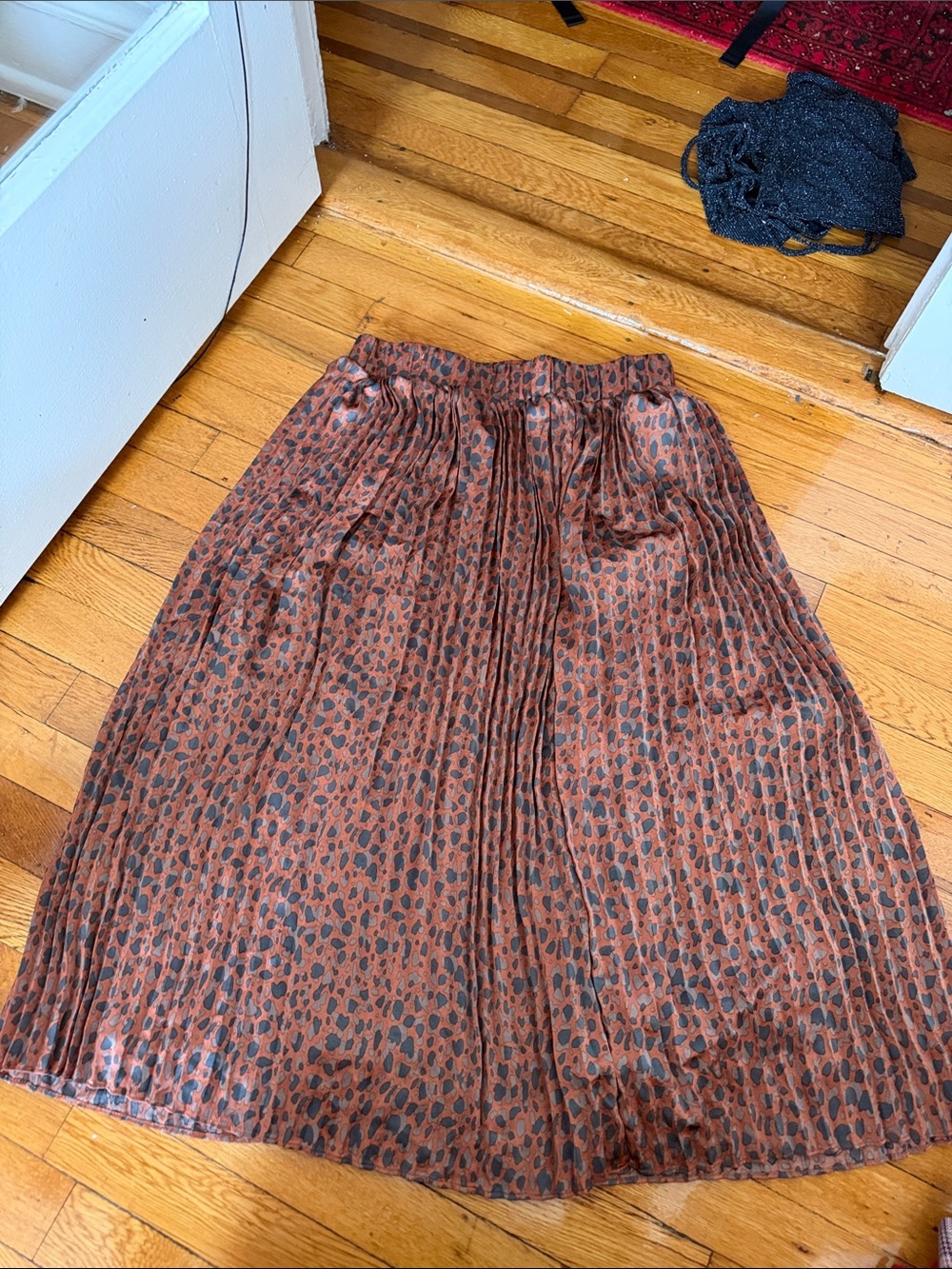 Pleated Animal-Print Maxi Skirt in Rust Brown